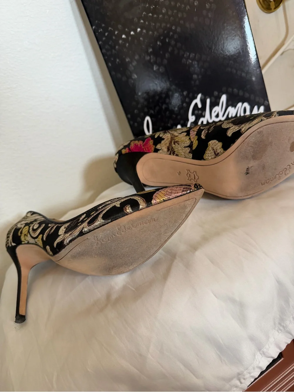 Sam Edelman Black Brocade Pointed-Toe Heels with Gold and Pink Floral Embroidery - Picture 2 of 3